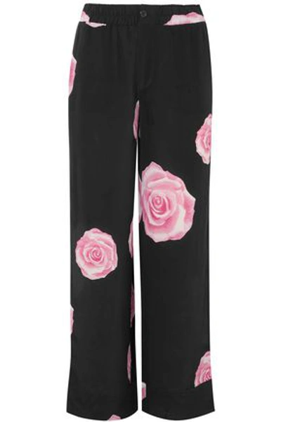 Shop Ganni Woman Fayette Floral-print Silk Crepe De Chine Straight-leg Pants Black