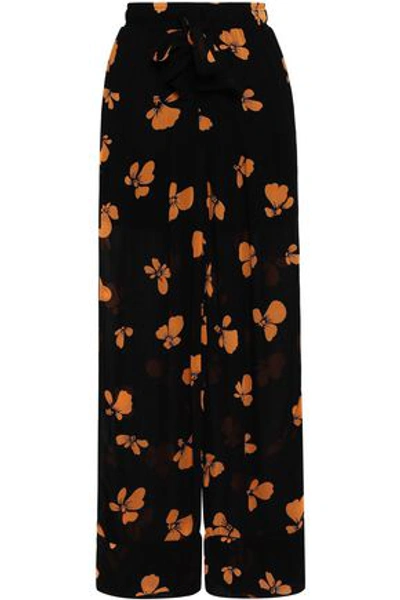 Shop Ganni Fairfax Floral-print Georgette Wide-leg Pants In Black