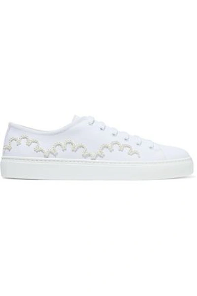 Shop Simone Rocha Woman Faux Pearl-embellished Canvas Sneakers White
