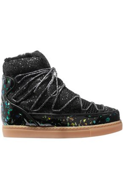Shop Sophia Webster Quentin Glittered Leather, Shearling And Mesh Snow Boots In Black