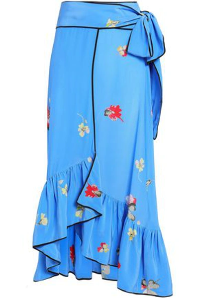 Shop Ganni Ruffled Floral-print Silk Crepe De Chine Midi Wrap Skirt In Azure