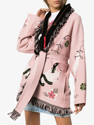 Shop Alanui Fringed Embroidered Wool Cotton Blend Cardigan In Pink