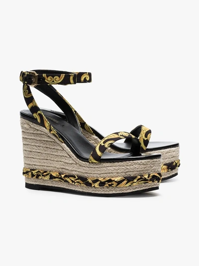 Shop Versace Tribute Baroque Print Ankle Strap Straw Wedges In Black