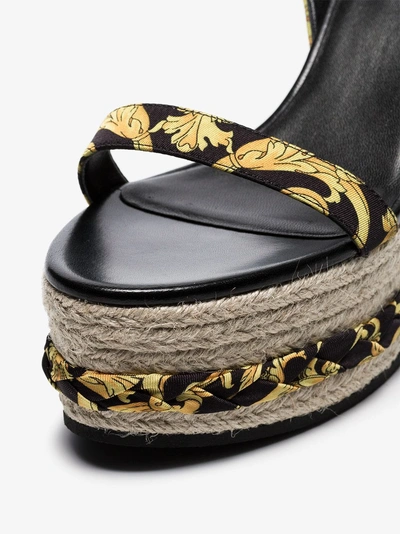 Shop Versace Tribute Baroque Print Ankle Strap Straw Wedges In Black