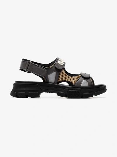 Shop Gucci Black, Yellow And Grey Mesh And Leather Sandals