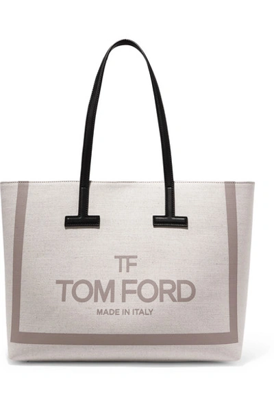 Shop Tom Ford T Medium Leather-trimmed Printed Cotton-canvas Tote In Beige