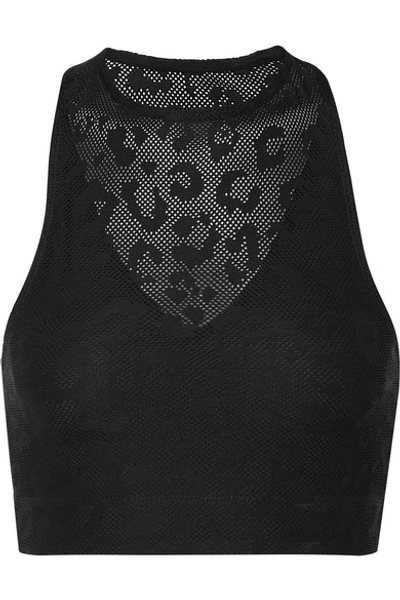 Shop Adam Selman Sport Racer Cropped Leopard-print Mesh And Stretch Top In Black