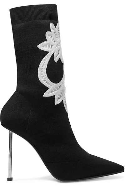 Shop Alexander Mcqueen Crocheted Lace-trimmed Stretch-knit Sock Boots In Black