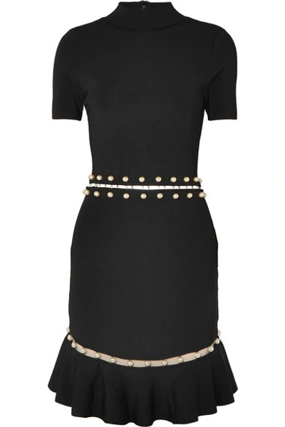 Shop Alice And Olivia Evelyn Embellished Cutout Stretch-knit Dress In Black