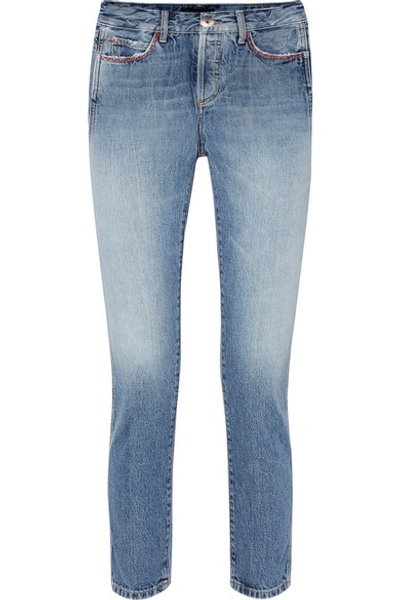 Shop Alanui Cropped Embellished Mid-rise Slim-leg Jeans In Light Denim