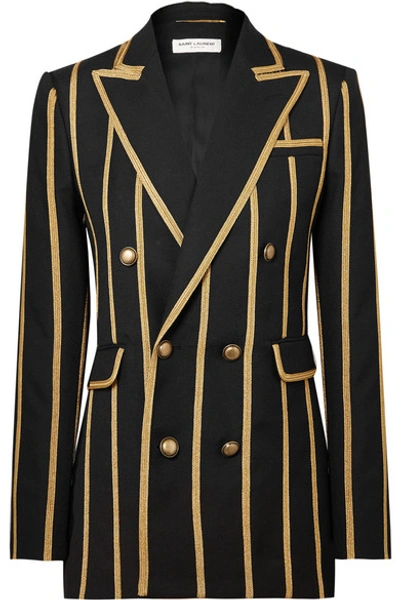 Shop Saint Laurent Metallic Canvas-striped Wool Blazer In Black