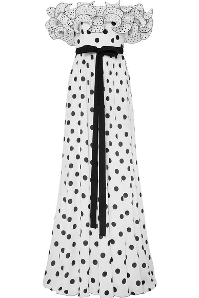Shop Andrew Gn Ruffled Off-the-shoulder Polka-dot Silk Crepe De Chine Gown In White