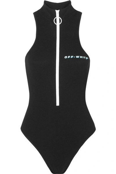Shop Off-white Cannettè Zip-detailed Ribbed Printed Swimsuit In Black