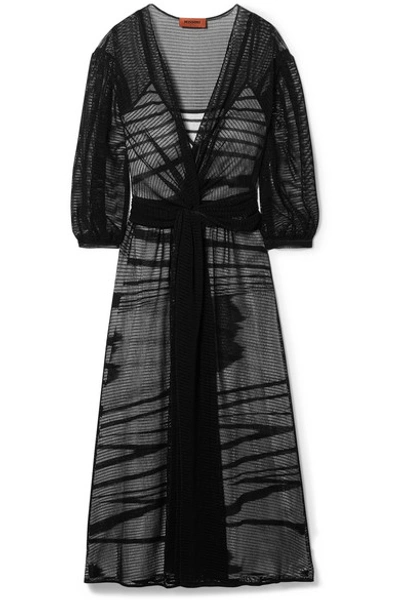 Shop Missoni Layered Wrap-effect Open-knit Midi Dress In Black