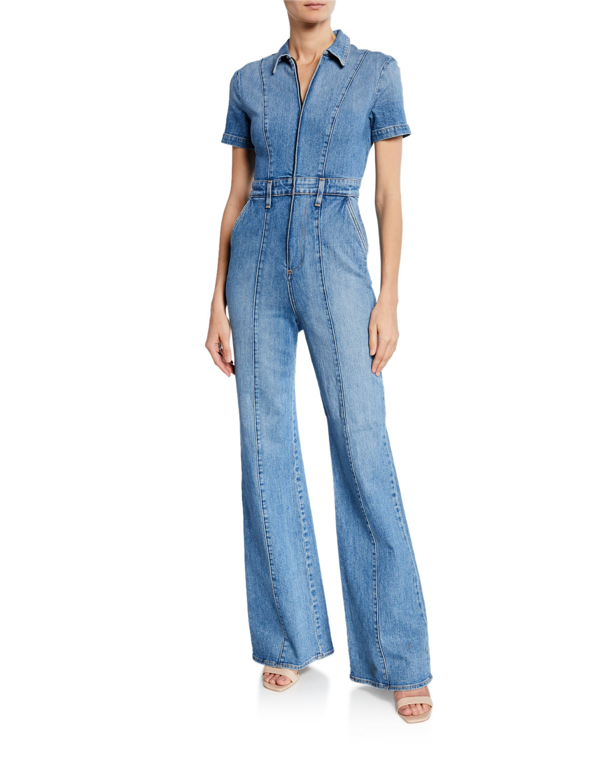 Alice And Olivia Gorgeous Wide-leg Fitted Denim Zip Jumpsuit, Love Me