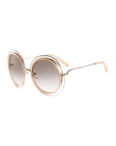 Shop Chloé Carlina Trimmed Round Sunglasses In Gold/peach