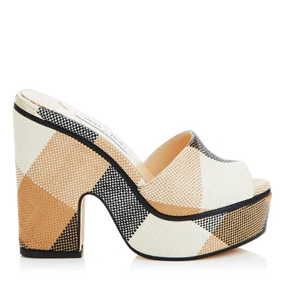 Jimmy Choo Deedee 125 Black And Caramel Check Raffia Wedges In Black/caramel