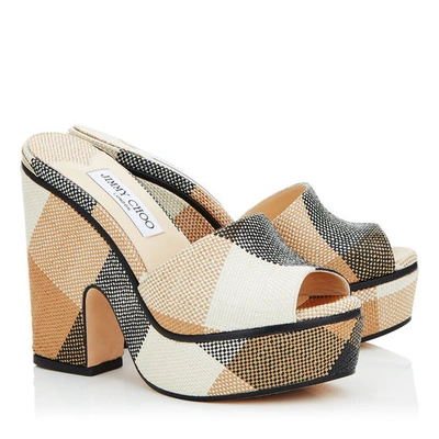 Jimmy Choo Deedee 125 Black And Caramel Check Raffia Wedges In Black/caramel