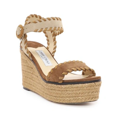 Shop Jimmy Choo Abigail 100 Natural Mix Suede Chunky Wedges With Whipstitching