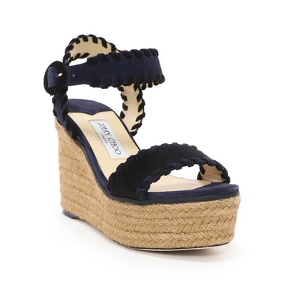 Shop Jimmy Choo Abigail 100 Black And Navy Mix Suede Chunky Wedges With Whipstitching In Black/navy Mix