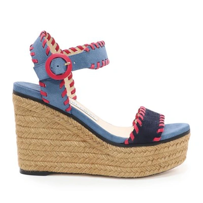 Shop Jimmy Choo Abigail 100 Navy And Raspberry Mix Suede Chunky Wedges With Whipstitching In Navy/raspberry Mix