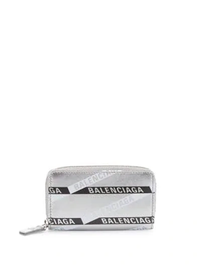 Shop Balenciaga Men's Everyday Logo Leather Card Coin Pouch In Silver