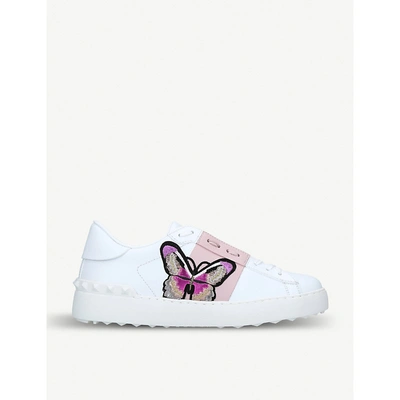 Shop Valentino Open Butterfly Leather Trainers In White/oth