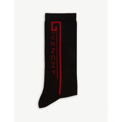 Shop Givenchy Logo-intarsia Ribbed Cotton Socks In Black Red