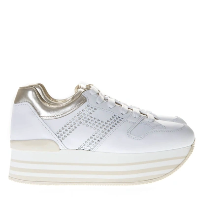 Shop Hogan White And Gold Maxi Sneakers H222 In Leather In White/gold