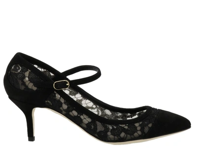 Shop Dolce & Gabbana Lace And Suede Mary Jane Pump In Black
