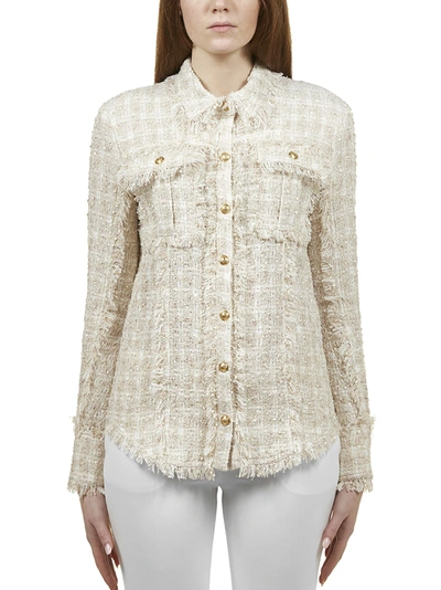Shop Balmain Fringed Tweed Shirt In Sabbia/beige