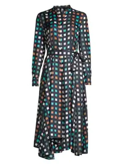 Hugo Boss Desmona Grid Silk Handkerchief Silk Dress In Dark Navy | ModeSens