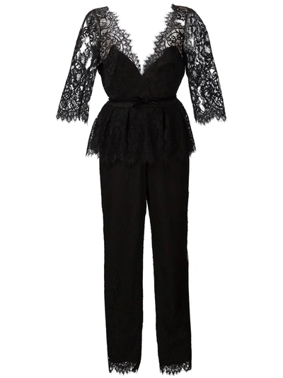 Marchesa Notte Belted Lace Jumpsuit In Black