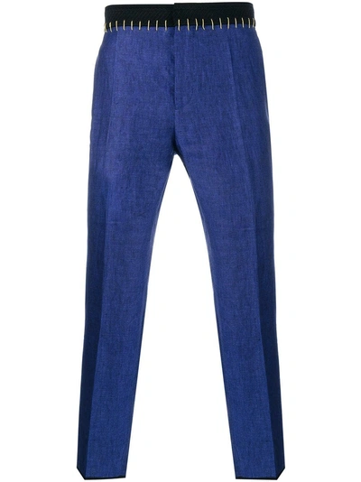 Shop Haider Ackermann Linen Pants With Gold Stitching In Blue