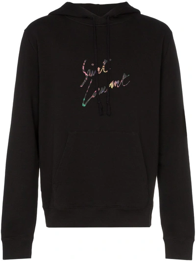 Shop Saint Laurent Logo Print Distressed Cotton Hoodie - Black