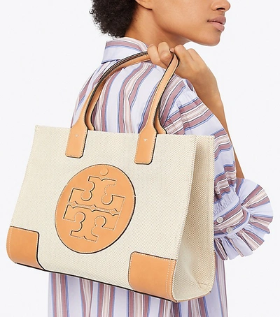 Shop Tory Burch Ella Canvas Mini Tote In Beige