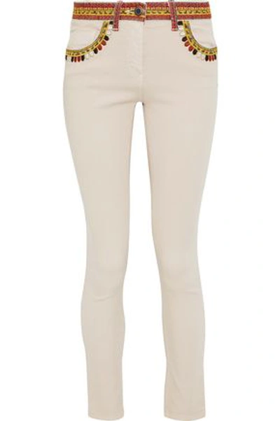 Shop Etro Woman Embroidered Low-rise Skinny Jeans Neutral