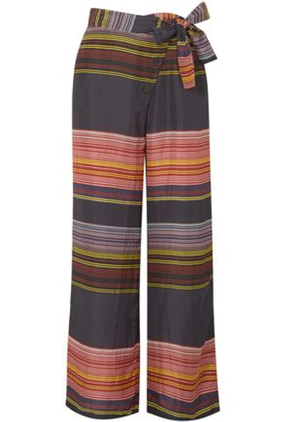 Shop Apiece Apart Woman Striped Silk-satin Wide-leg Pants Midnight Blue