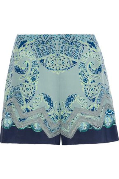 Shop Etro Woman Crochet-trimmed Printed Washed-silk Shorts Grey Green