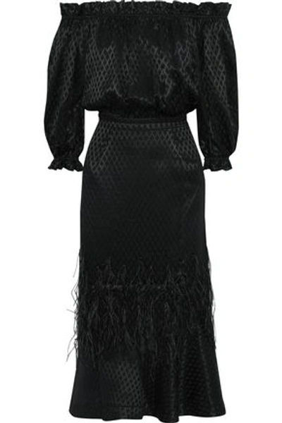 Shop Saloni Woman Grace Off-the-shoulder Floral-print Silk Crepe De Chine Midi Dress Black
