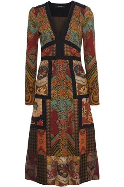 Shop Etro Crepe-trimmed Patchwork Jacquard Midi Dress In Brick