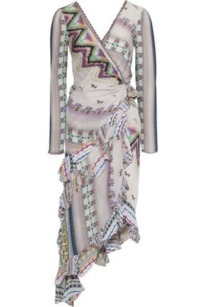Shop Etro Asymmetric Bead-embellished Printed Silk Midi Dress In Light Gray
