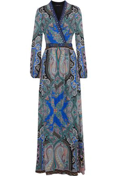 Shop Etro Woman Wrap-effect Embellished Silk Crepe De Chine Maxi Dress Blue