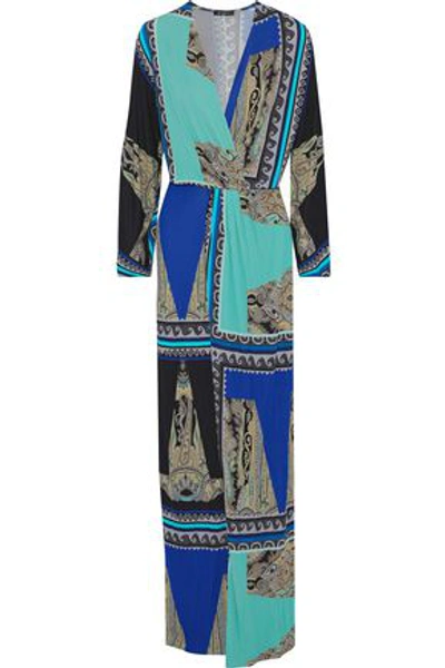 Shop Etro Wrap-effect Printed Stretch-jersey Maxi Dress In Turquoise