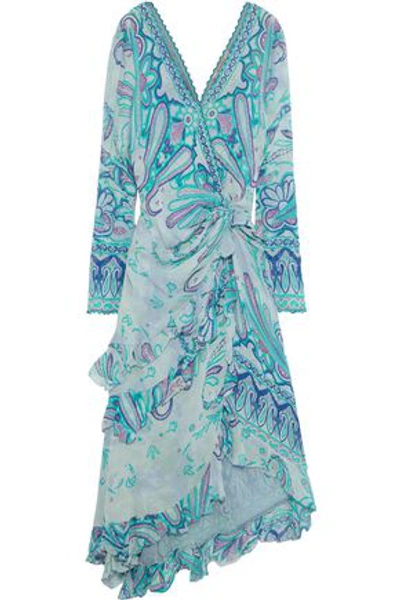 Shop Etro Wrap-effect Embellished Printed Silk-georgette Midi Dress In Jade