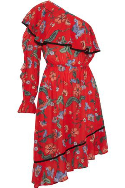 Shop Love Sam Woman One-shoulder Asymmetric Floral-print Crepe Dress Red