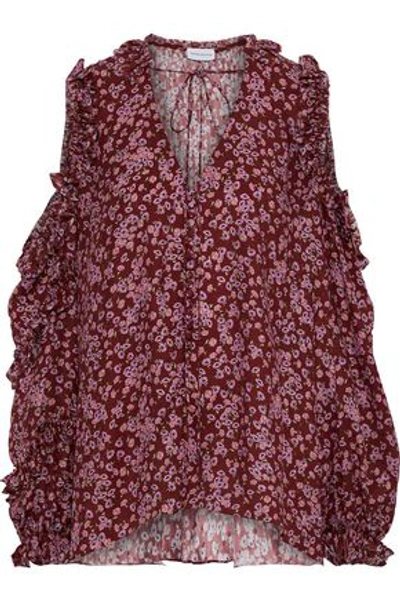 Shop Magda Butrym Woman Rijeka Cold-shoulder Floral-print Silk Crepe De Chine Top Burgundy