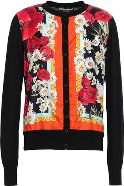 Shop Dolce & Gabbana Printed Twill-paneled Silk And Cashmere-blend Cardigan In Black