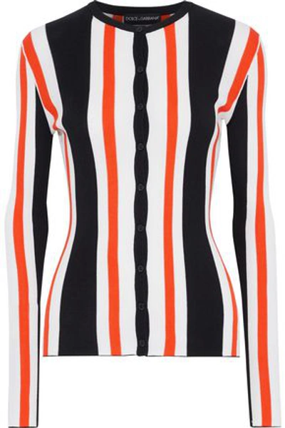 Shop Dolce & Gabbana Woman Striped Ribbed Silk Cardigan Black