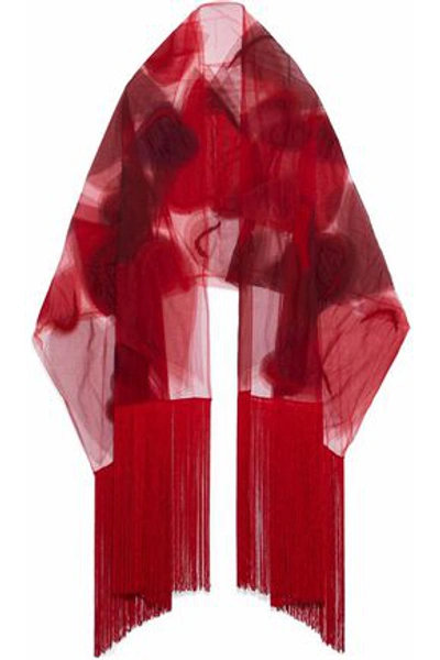 Shop Valentino Woman Fringed Beaded Printed Tulle Scarf Red